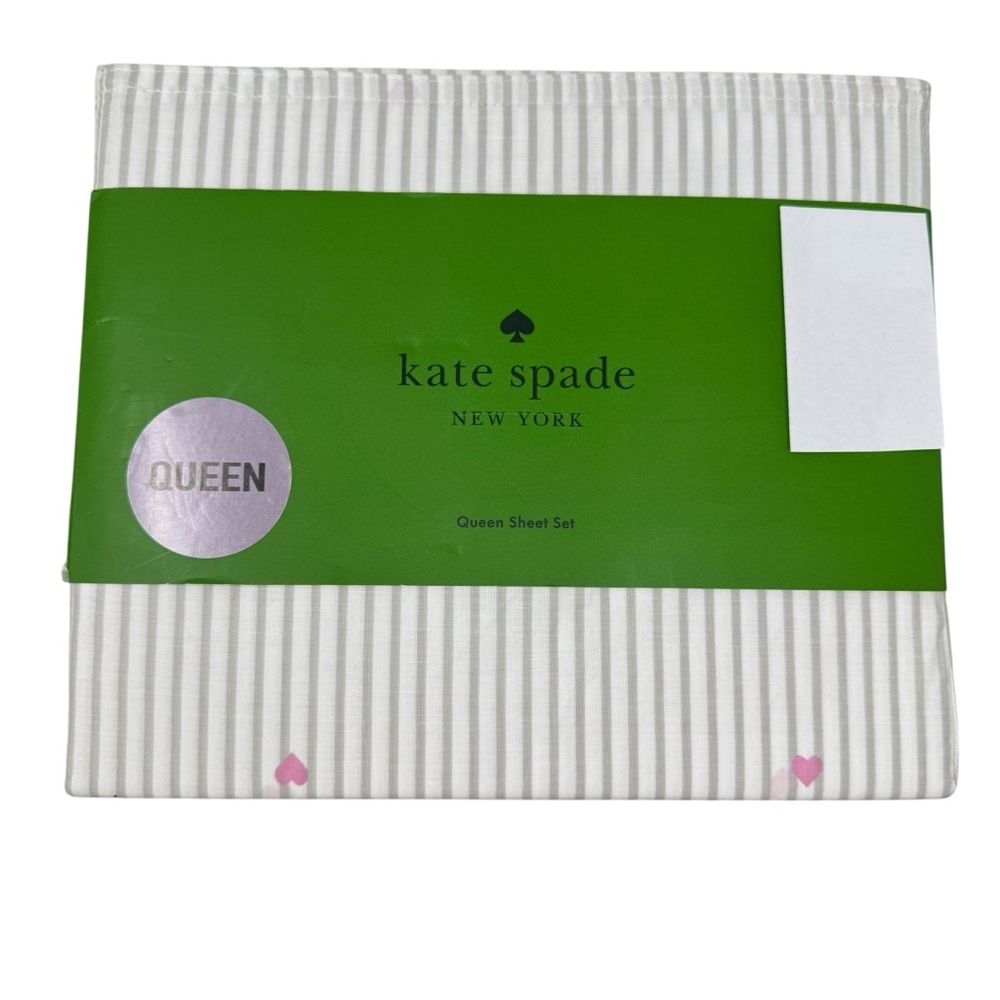 Kate Spade QUEEN Sheet Set WHITE & GRAY stripe pink hearts Cotton Percale NWT